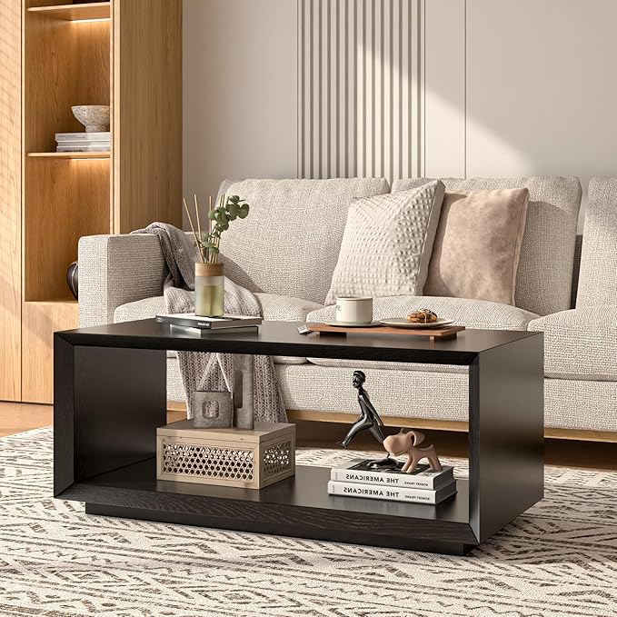Coffee Table with Storage, Mid Century Modern, Rectangle Cocktail Tea Table, Farmhouse Wood Coffee Table for Living Room, Home Office (Black)