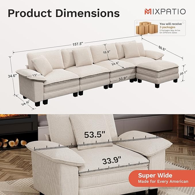 MIXPATIO 157-Inch L Shaped Sectional Sofa with Cloud Cushions, Deep Seat Modular Couch Set w/ 5 Seats & 1 Ottomans, Removable Arms, Plush Chenille Upholstery for Living Room, Apartment - Beige