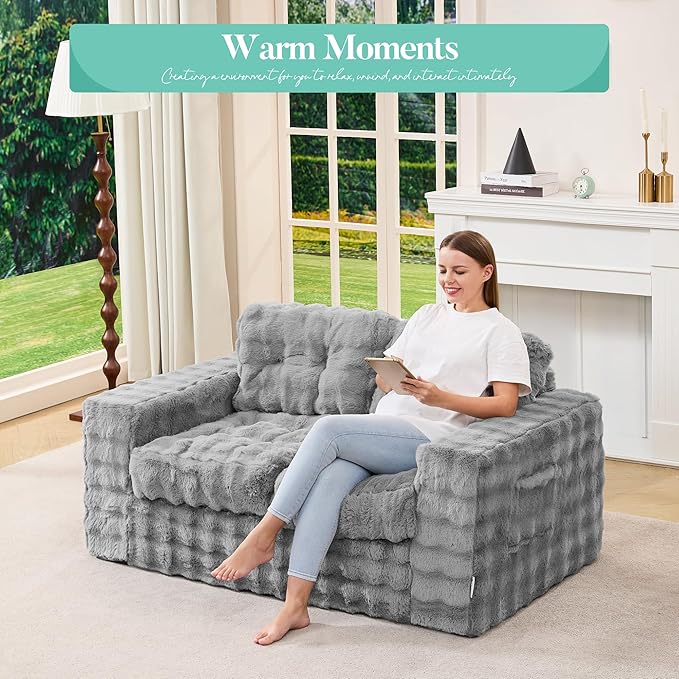 Hobestluk Sofa Couch Loveseat Sofa with Bubble Fabric 2-Seater Sofa for Small Spaces Comfortable Foam Floor Sofa 2 in 1 Boneless Couch for Living Room Bedroom Apartment or Office (Grey, Loveseat)