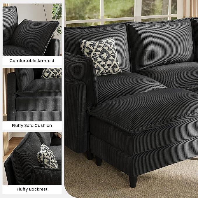 Apicizon 108" Cloud Couch Sectional, L Shaped Cloud Sofa with Side Storage Pocket, Modern Corduroy Sofa Set for Living Room, Office, Black
