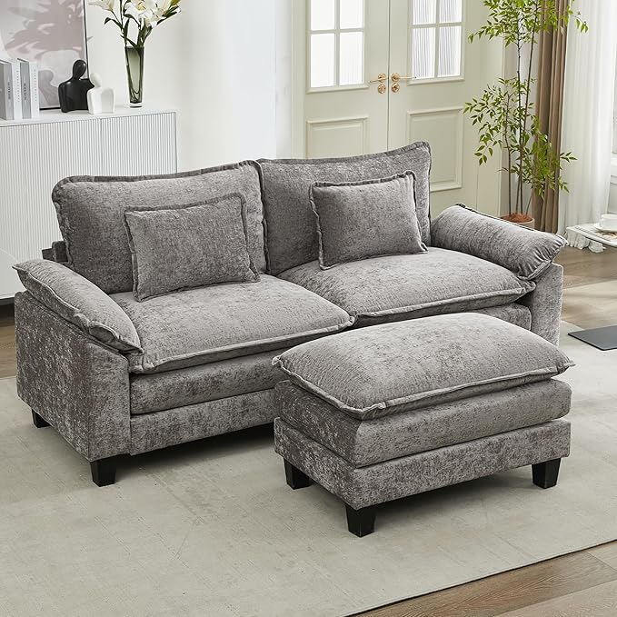 URRED Cloud Couch Modular Sectional Sofa, 87" Modern L Shaped Deep Seat Sofa with Ottoman & Pillows, Ultra Comfy Chenille Couches for Living Room, Bedroom or Apartment, Grey