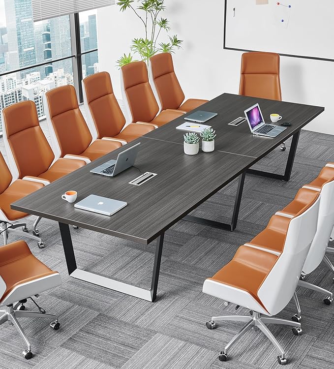 ahliss Sturdy Conference Table with Cable Management Grommets Modern Rectangle Office Meeting Table with Wood Tabletop and Metal Frame & Legs- Easy Assembly Boardroom Table (Grey, 12 Foot)