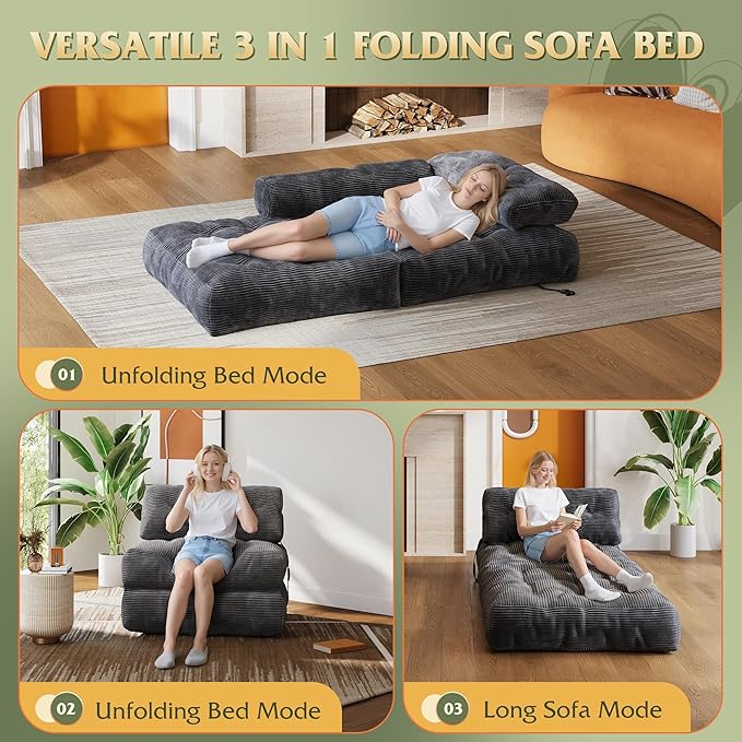 WLIVE Sofa Bed, Bonless Couch, Bean Bag Chairs for Adults, Pull Out Couch, with Pillow, for Living Room Dorm Bedroom, Dark Grey