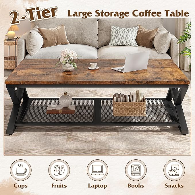 EnHomee Coffee Table with Storage, Modern Coffee Tables for Living Room with Mesh Shelf, 2 Tier Rectangular Center Table for Living Room, Bedroom, 47.2 Inch, Rustic Brown