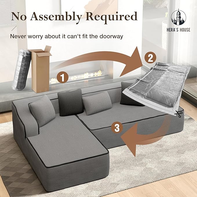 HERA'S HOUSE 105" Cloud Sectional Couch, Modular Upholstered Sofa with L-Shaped Chaise, Corduroy Boneless Couches with Wide Armrest and 5 Throw Pillows for Living Room, No Assembly Required, Grey