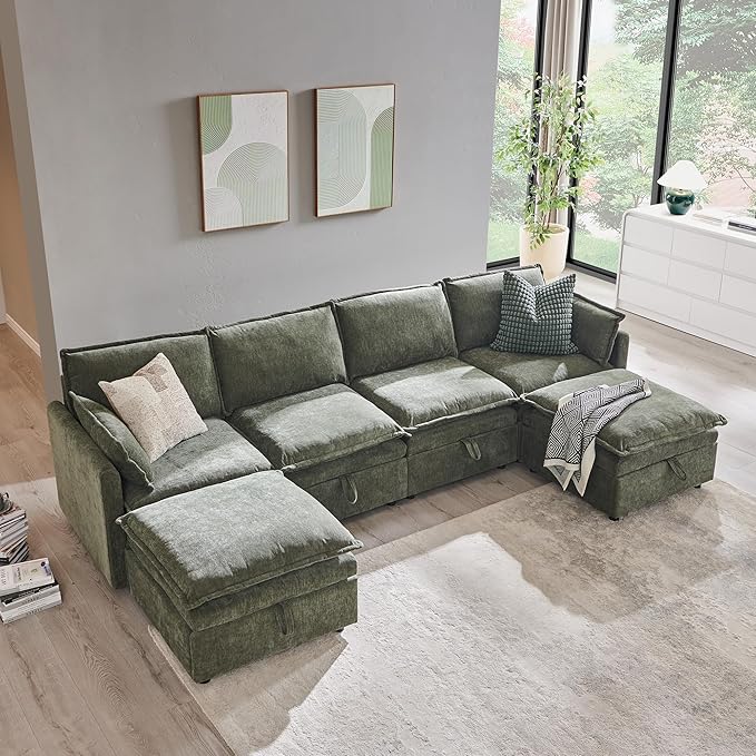 112.6" Sectional Couches for Living Room, Cloud Couch Sectional with Large Storage, U-Shape Modular Sectional Sofa with Ottoman, 6 Seater Chenille Sofa with Pillow for Apartment, Bedroom, Green