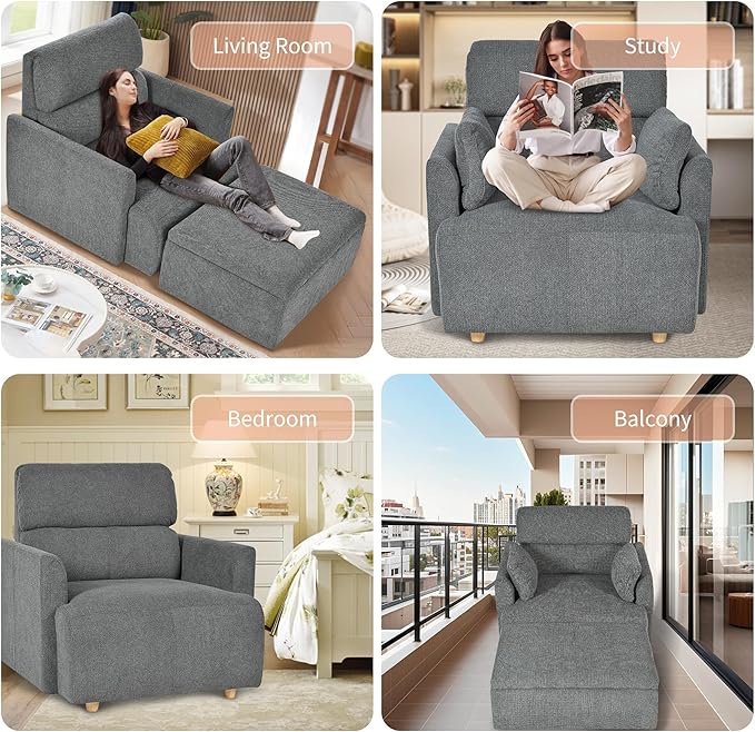 Snowflake Fleece Oversized Accent Chair with Storage Ottoman - 26.57" Wide Deep Seat Reading Chair, Convertible Daybed, 400lbs Capacity for Living Room & Apartment (Grey)