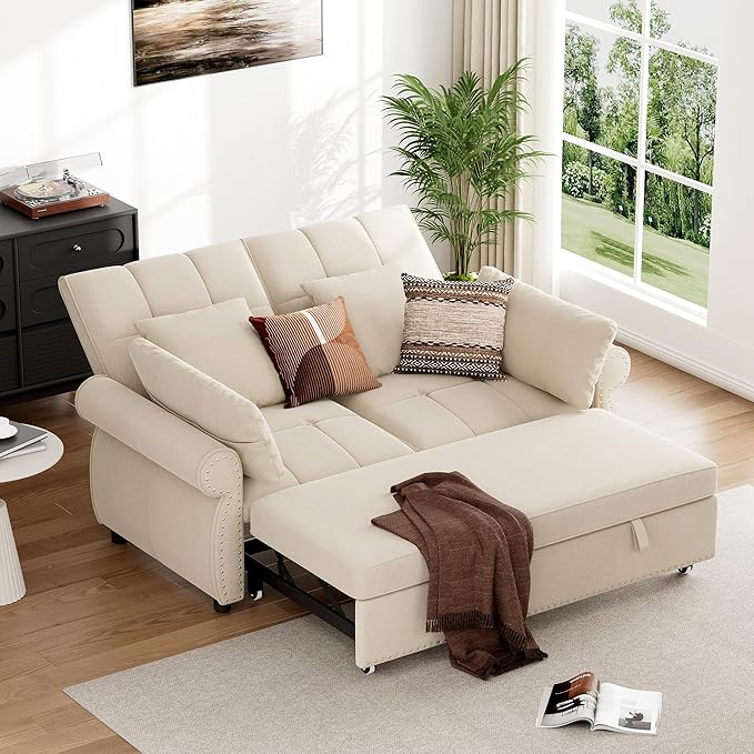 3 in 1 Sofa Bed, 61 Inch Convertible Pull out Couch with Four Pillows, Loveseat Sleeper Sofa with Adjustable Backrest, Sofa Couches for Living Room, Bedroom, Apartment, Chenille Fabric, Beige