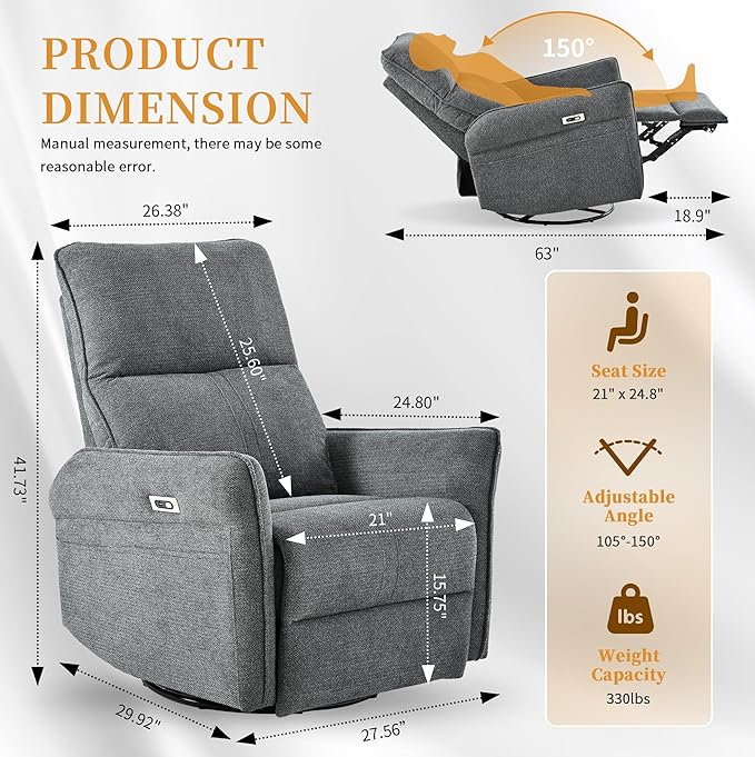 QKFF Power Swivel Rocker Recliner Chair for Nursery, Upholstered Snowflake Velvet 270°Swivel Glider Rocker Chair with USB Ports, Small Power Recliners for Small Spaces Living Room