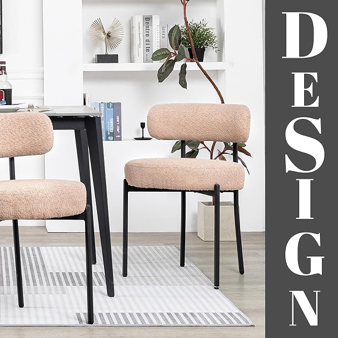 DYHOME Boucle Dining Chairs Set of 4, Upholstered Kitchen Dining Room Chairs, Side Chairs with Thick Cushions and Metal Legs for Kitchen Living Room, Camel Color
