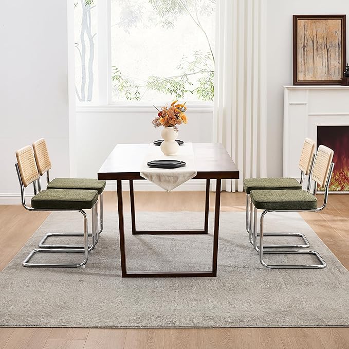 Zesthouse Natural Rattan Dining Chairs Set of 4, Mid Century Modern Dining Chairs with Solid Wood Back & Chrome Base, for Kitchen Living Room, Breuer Design Inspired, Upholstered Linen Fabric, Green