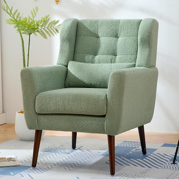 QKFF Accent Chair Set of 2, Upholstered Armchair with Pillow, Teddy Single Sofa Chair with Lounge Seat and Wood Legs for Living Room Small Spaces