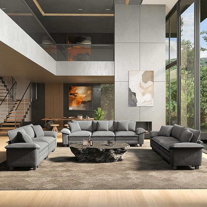 HERA'S HOUSE 2 Pieces Modular Sectional Sofa Sets, Oversized Couch Set with Loveseat and Armchair, Comfy Cloud Couches with Throw Pillows, 3-Seater Deep Seat Sofa for Living Room, Corduroy Grey