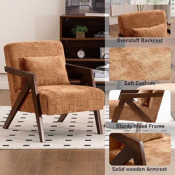 Mid-Century Modern Accent Chair with Solid Wood Frame，Upholstered Chenille Living Room Arm Chairs with Pillow for Bedroom, Living Room, Reading Room, Balcony, Brown