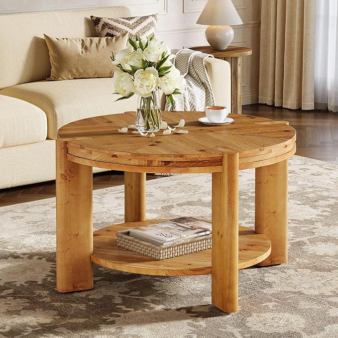 TRIBEWOOD Round Solid Wood Coffee Table, 29.5" Small Farmhouse Circle Accent Center Tables with Storage Shelf for Living Room, 2 Tiers Open-Style Storage Cocktail Tea Furniture, Rustic Brown