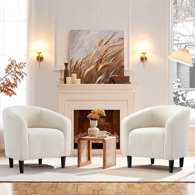 Yaheetech Accent Barrel Chair, Boucle Fabric Club Chair, Furry Sherpa Elegant Armchair with Cozy Soft Padded, Suitable for Living Room Bedroom Reception Room Office, Ivory