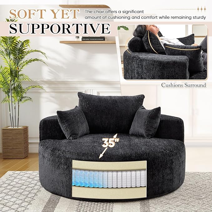JEEOHEY Modern Round Accent Sofa Chair for Living Room, Upholstered Chenille Barrel Lounge Arm Chair with Large seat&Throw Pillows for Bedroom, Office, Apartment, Black