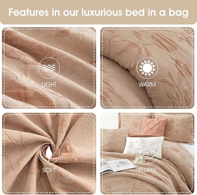 Grand Avenue Floral Comforter Set Queen Size, Blush 7 Pieces Jacquard Bedding Set, Cotton &Polyester Bedding, All Season, Bedskirt, Pillows Shams