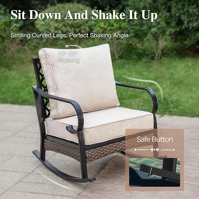 HERA'S HOUSE 4 Piece Metal Patio Furniture Set, 2 x Rocking Cushioned Chair, 2-Seat Lover Sofa with Coffee Table, All Weather Outdoor Conversation Set for Lawn Garden Backyard Deck, Beige