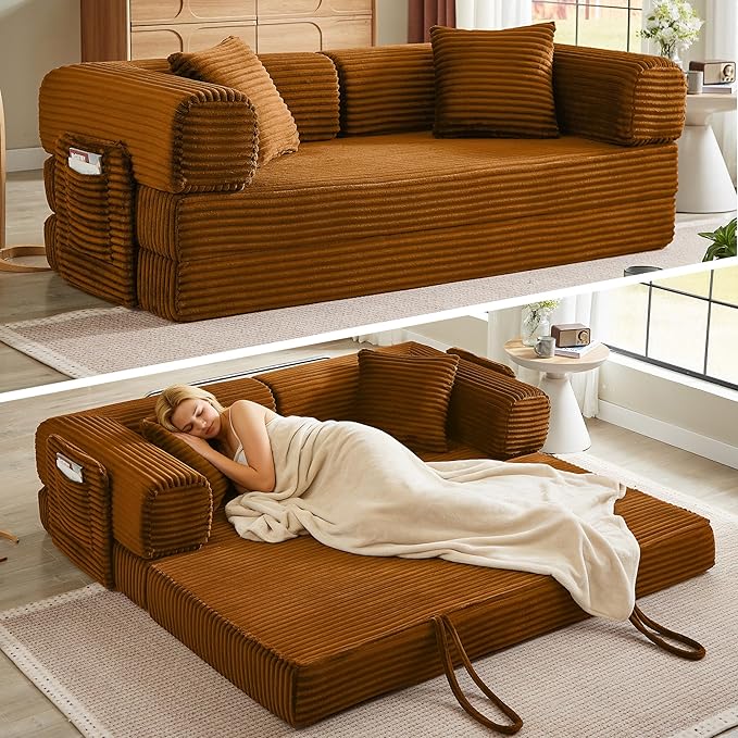 AUGOP Boneless Couch Folding Couches for Living Room Sofa, Futon Sofa Bed with Sleeper Sofa, Futon Couch with Fixed-Shape Oversized Corduroy Upholstered (Orange, 81 Inches)