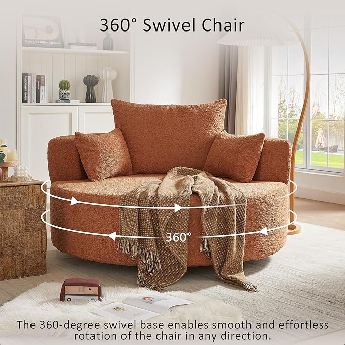 Merax 360° Swivel Chair, Chenille Fabric Accent Barrel Chair, Swivel Round Sofa Chair with 3 Removable Pillows for Living Room, Bedroom, Office and Hotel, Red