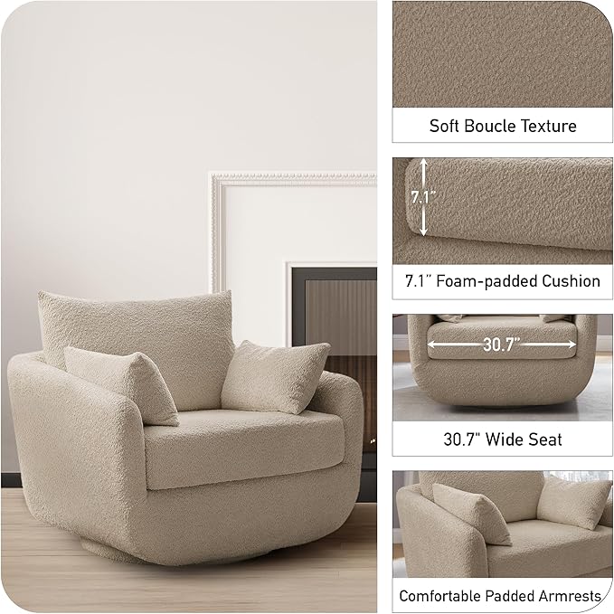 UNUQLIVCO 360° Swivel Accent Armchair Set of 2, 39.3" Oversized, Sherpa Boucle Fabric Sofa Chair with Removable Back & Arm Pillows, Swivel Chairs with Cozy Soft Padded, Camel