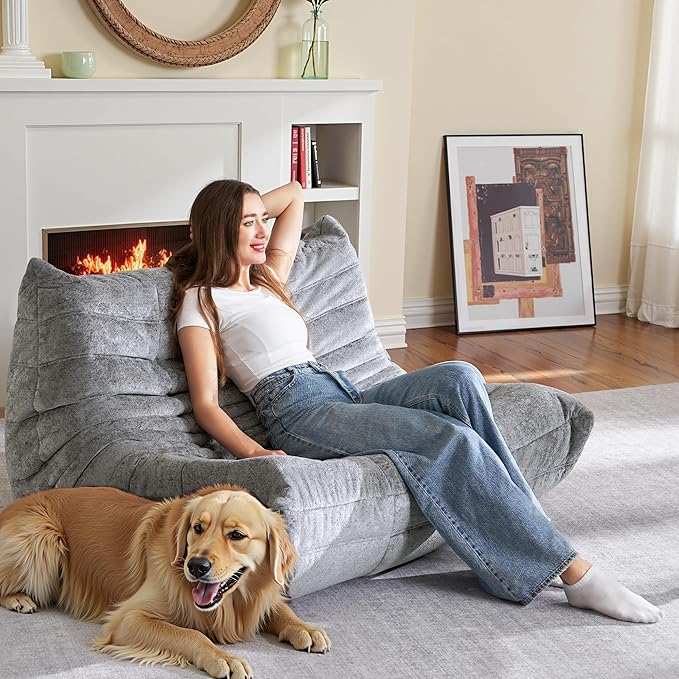 HABUTWAY Bean Bag Chair, Giant Bean Bag Chairs for Adults, Loveseat Fireside Chair, 2 Seater Lazy Bean Bag Sofa Memory Foam Couch for Living Room, Bedroom, Office (Light Grey)