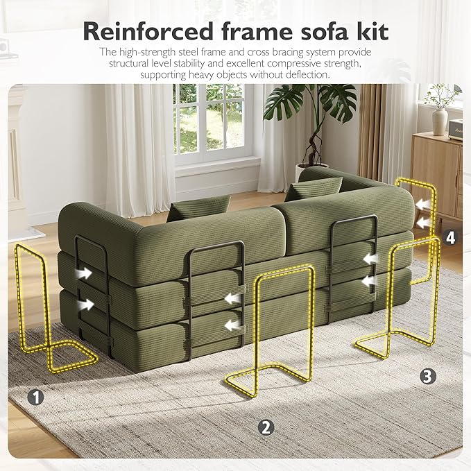 79 Inch 5-in-1 Convertible Sofa Bed, Corduroy Boneless Floor Couch with Fixed Frame & Pillow, Modular Folding Mattress Lounger for Small Space, Living Room, Bedroom - Easy Assembly(LIGHT GREEN)