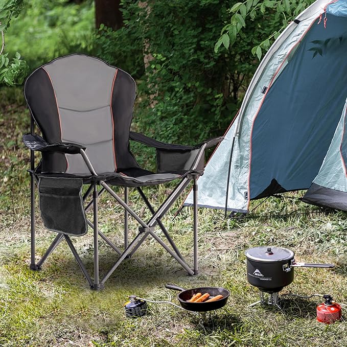 Oversized Camping Chair Heavy Duty 500LB - Portable Folding Chair with Cooler Bag, Cup Holder & Waterproof Phone Case for Adults, Beach, Hiking, Backyard (Black & Gray, 2 PCS)
