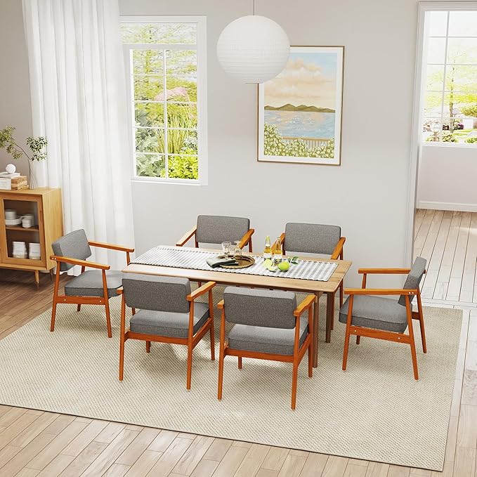 LSSPAID Mid Century Dining Chairs Set of 2, Grey Fabric Upholstered with Walnut Finished Handrails Comfy Backrest, Farmhouse Dining Room Chairs for Kitchen, Living Space & Restaurant