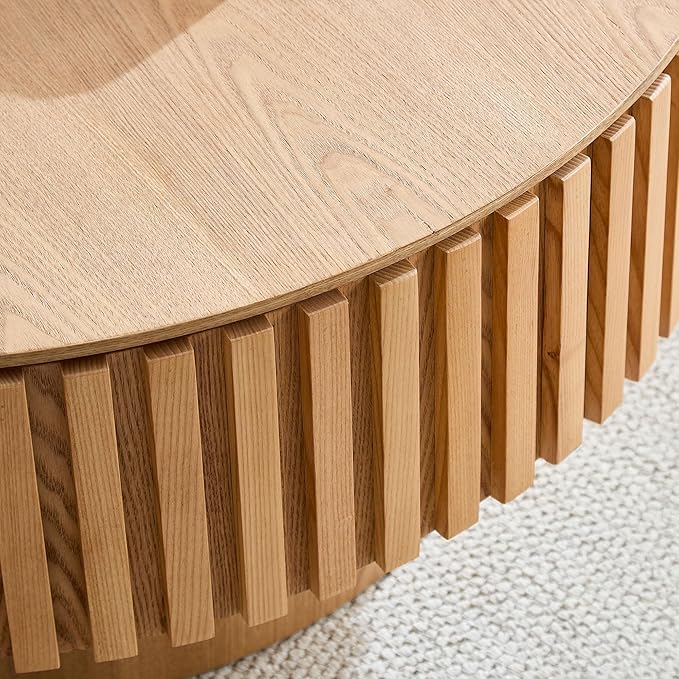 31.49'' Round Wood Coffee Table with Storage for Living Room, Modern Handcraft Drum Coffee Table, Circle Wooden Table for Small Space Apartment (Ash, Ø31.49 x 13.77 with Storage)