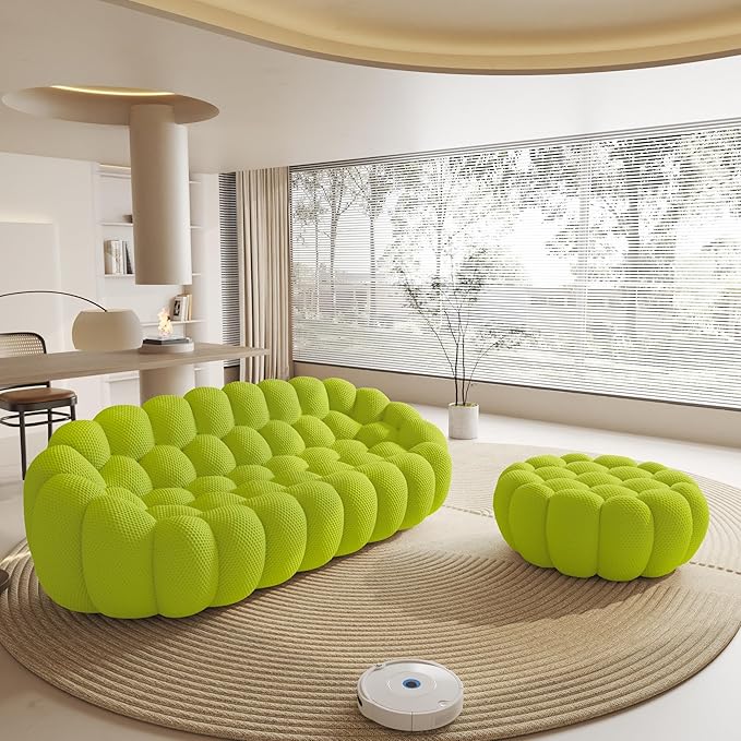 WJShome Modular Sectional Sofa,Bubble Couch Set,Comfy Curved Couch 3 Seater+Ottoman,Modern Upholstered Bean Bag Sofa Mesh Fabric Lazy Floor Chair Living Roon Sets (Lemon Green)