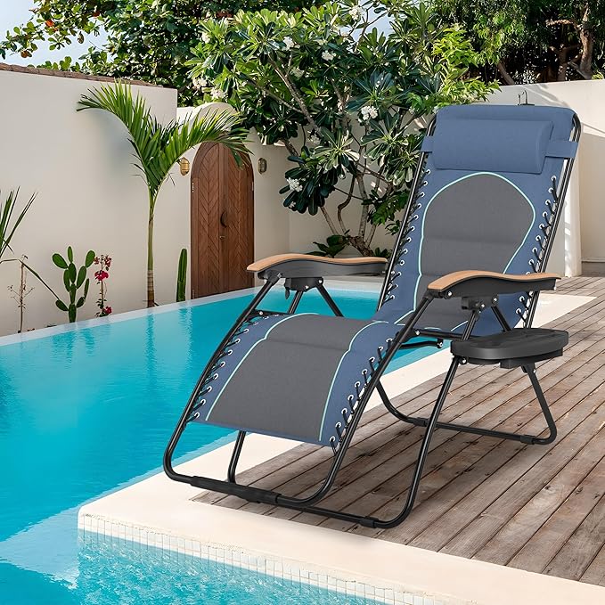 Sophia & William Oversized XL Zero Gravity Lounge Chair Padded Reclining Lawn Chair with Cup Holder, Support 400 LBS, Blue