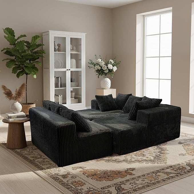 130" Boneless Couch, Cloud Couch Sectional, Corduroy Sofa for Living Room, U Shaped Modular Sofa with Chaise, No Assembly, 4 Seats Oversized (Black)