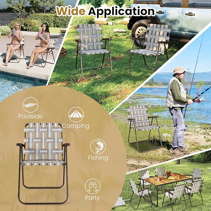 GYMAX Lawn Chair Folding, Webbed Beach Lounge Chairs Set with Highback, Outdoor Portable Lightweight Camping Dinning Chair for Patio, Lawn, Poolside, Sports, Garden, Backyard (4,Coffee)