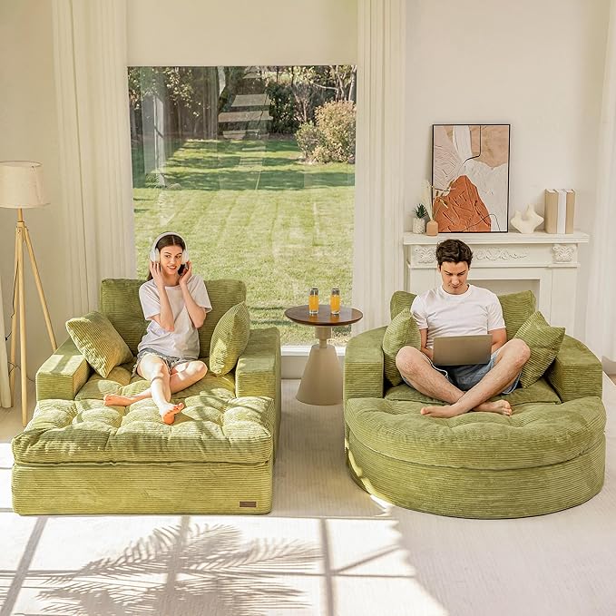 MAXYOYO Modular Sectional Chaise Lounge Sofa, 2 Sets Upholstered Lounge Chair with Ottoman, Comfy Round+ Square Couch with Layered Cushion, Tufted Sleeper Chair for Living Room, No Assembly, Green