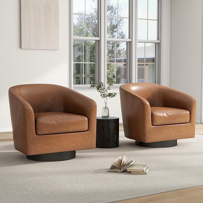 Swivel Barrel Chair, Modern Round PU Leather Accent Armchair for Living Room, Bedroom, Oversized Comfy Club Reading Chairs for Adults (Leather Brown, Set of 2)