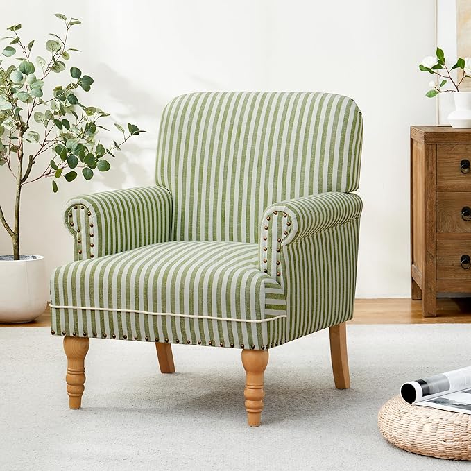 HUIMO Linen Fabric Accent Chair, Mid-Century Modern Armchair with Solid Wood Legs, Single Sofa Chair,Upholstered Reading Club Chair (1, Green and White Stripe)