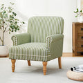 HUIMO Linen Fabric Accent Chair, Mid-Century Modern Armchair with Solid Wood Legs, Single Sofa Chair,Upholstered Reading Club Chair (1, Green and White Stripe)