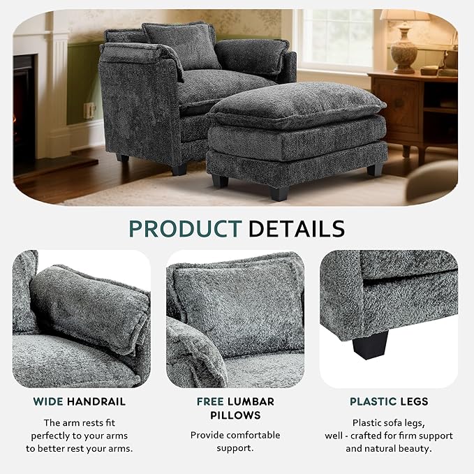 KEIKI Boucle Oversized Reading Chair with Storage & Ottoman, 40" W Modern Accent Chair W/Double Deep Cushion Seating, Comfy Upholstered Single Sofa Lounge Armchair for Living Room, Bedroom, Drak Grey