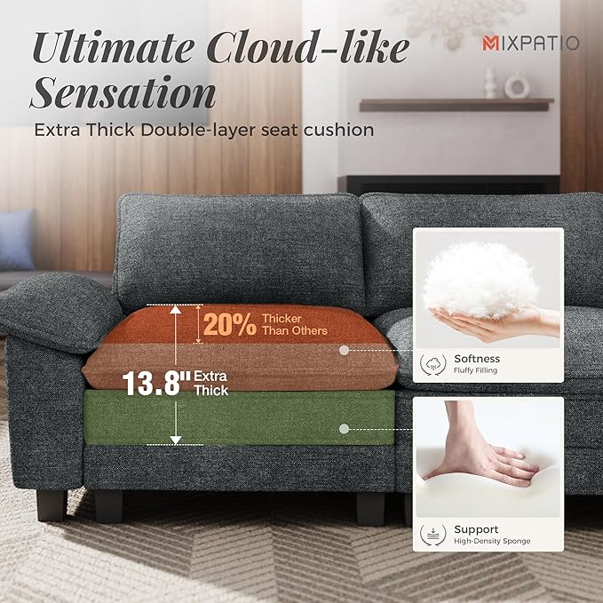 MIXPATIO 123" Cloud Modular Sectional Sofa, 3-Seater w/Deep Seat & Removable Arms, Plush Chenille for Living Room - Cyan