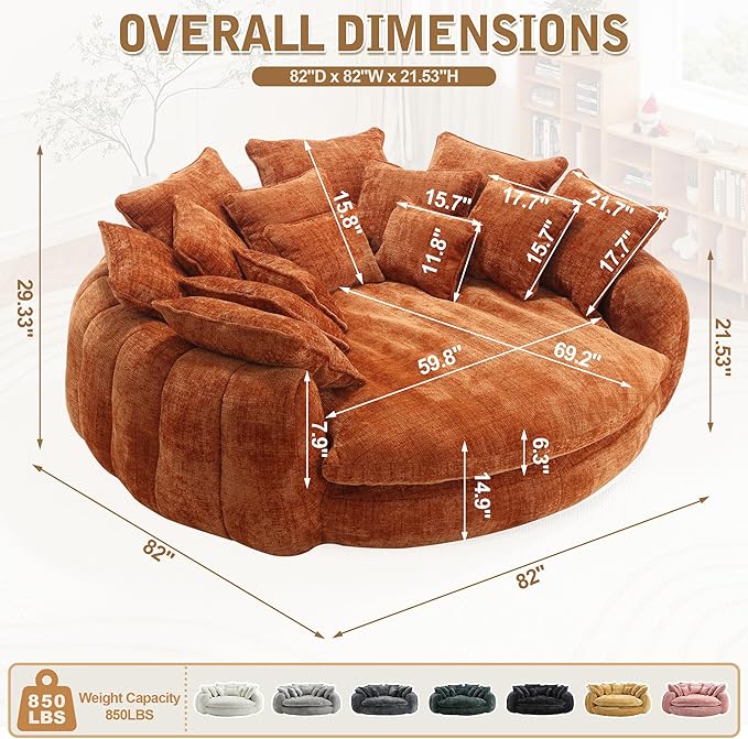 82'' Oversized Upholstered Sofa Bed, Round Chaise Lounge Chair Indoor, Modern Chenille Boneless Couch, No Assembly Required, Plush Sleeper Chair with 14 Pillows for Living Room, Orange