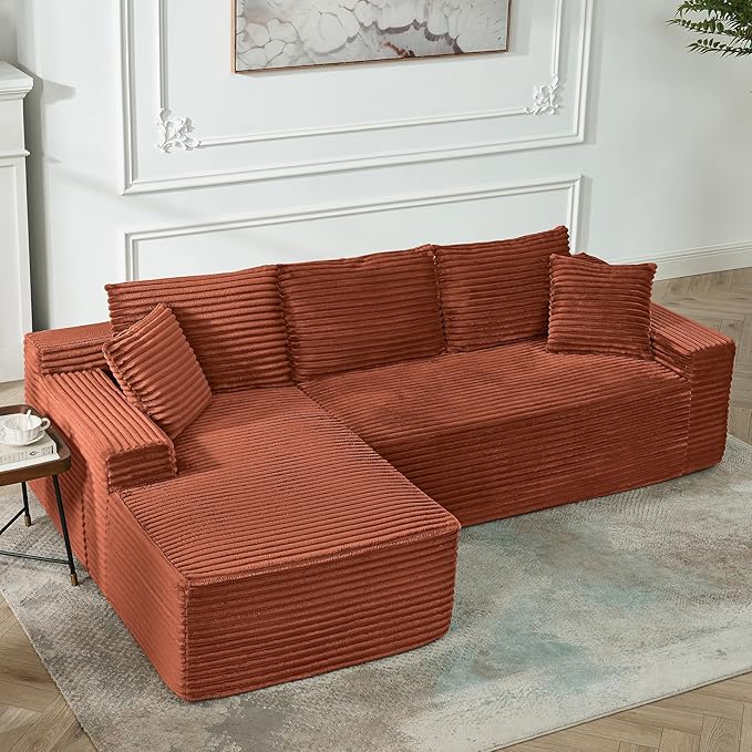 HYJT-H&K Modular Sectional Sofa Cloud Sectional Couch, 95" Comfy Fluffy L Shaped Orange Couches for Living Room, Deep Seat Memory Foam Plush Corduroy Boneless Couch Sectionals Left Facing Chaise Sofa
