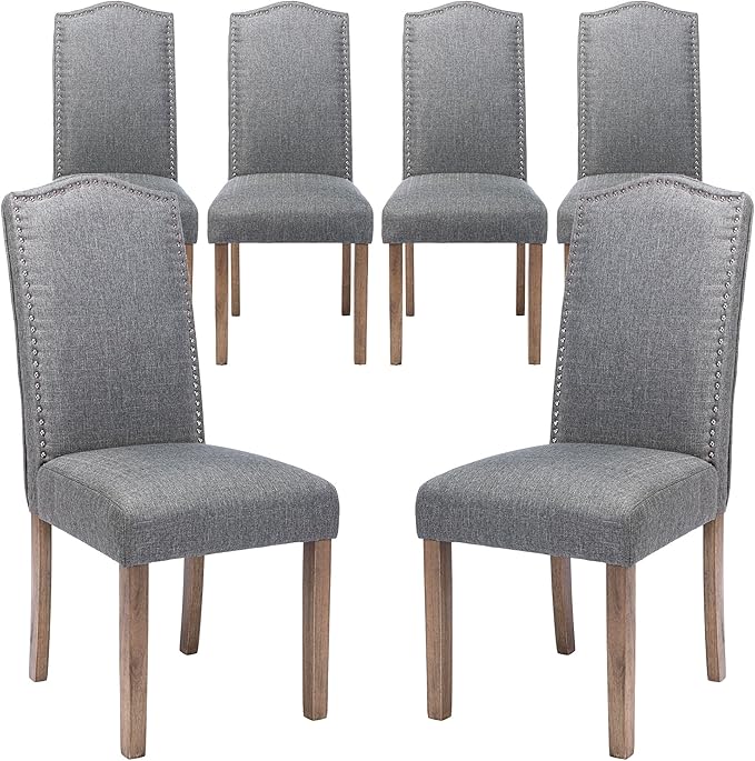 Snugway Upholstered Dining Chair Stylish Parsons Kitchen High Back with Silver Nailhead Trim & Wood Legs, 6-Pack, Fabric Classic Grey
