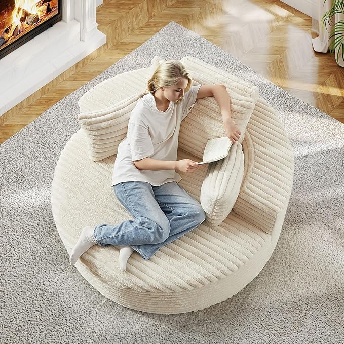 55"W Oversized Round Chair Lounge Chaise Indoor, Upholstered Comfy Circle Sofa Armchair, Modern Cozy Boneless Foam Floor Reading Chair for Living Room, Bedroom, No Assembly Required(Corduroy, Beige)