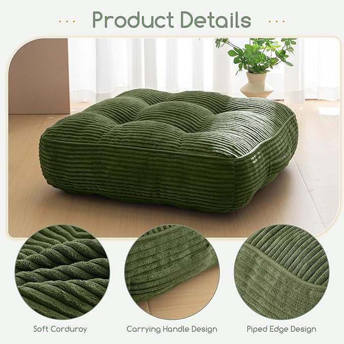 6" Washable Floor Pillow Cushion for Adults, Meditation Cushion Pillow, Large Square Floor Sitting, Removable Tufted Corduroy Cover, for Tatami Living Room or Yoga, 22x22 Inch, 2Pack, Machine Washable