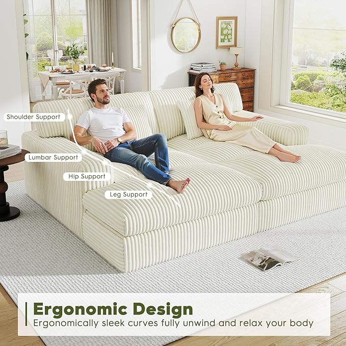 83" Oversized Chaise Lounge Sofa Chair Indoor，Soft Corduroy Fabric, Boneless sofawith Cushion，A Comfortable, deep-Seated Cloud Sofa for use in The Living Room.(2-Seater-White)