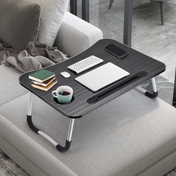 Slendor Lap Desk with Cup Holder, Foldable Laptop Table for Bed, Portable Bed Desk for Laptop and Writing, Computer Tray with Tablet Slot, Notebook Stand Reading Holder for Couch Sofa Floor,Black