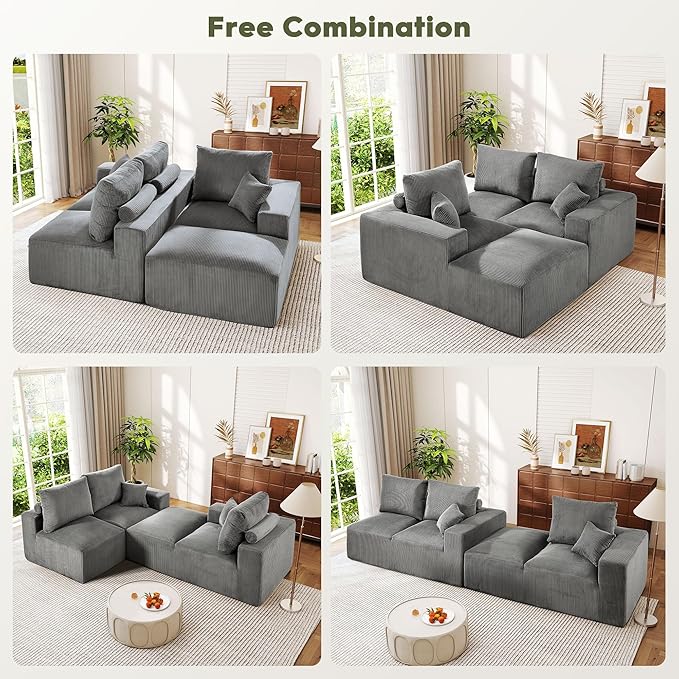 WESTSETLUX 108” Cloud Sectional Sofa Couch with High-Seat, Corduroy Modular Sofa with Oversized Chaise, High-Back Modern L-Shaped Couches for Living Room, No Assembly Required (Grey)