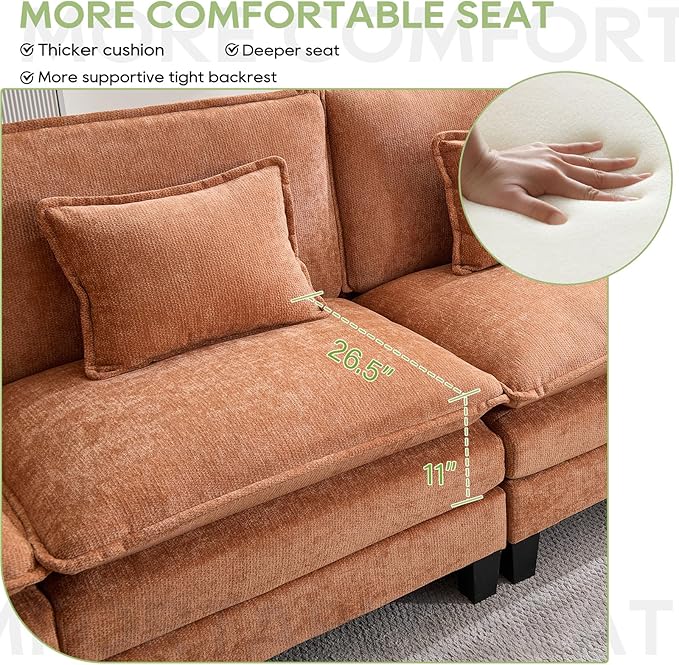 Oprisen 86" Modular Sectional Sofa, Comfy Cloud Couch Sectional Sofa with Ottoman, Chenille Sofa Sleeper Deep Seat Sofa with Throw Pillows for Living Room (Orange, 86"- L Shape)